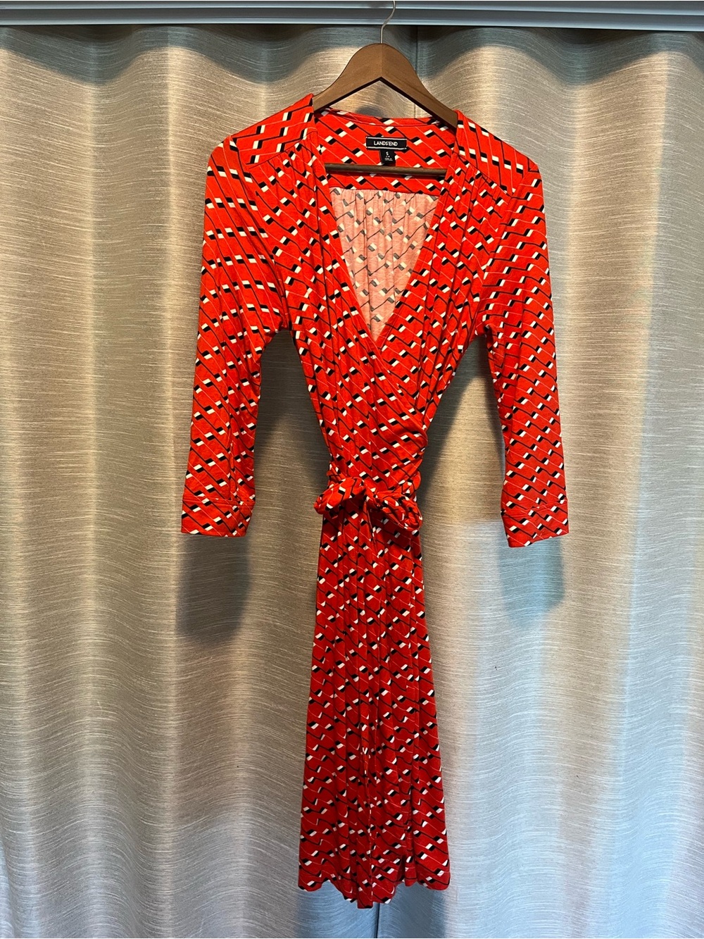 Lands End Red Wrap Dress with Geometric Print
